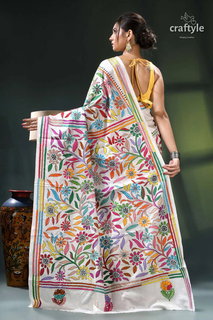 Multicolor thread hand embroidered white silk kantha work saree white saree colorful floral embroidery 4