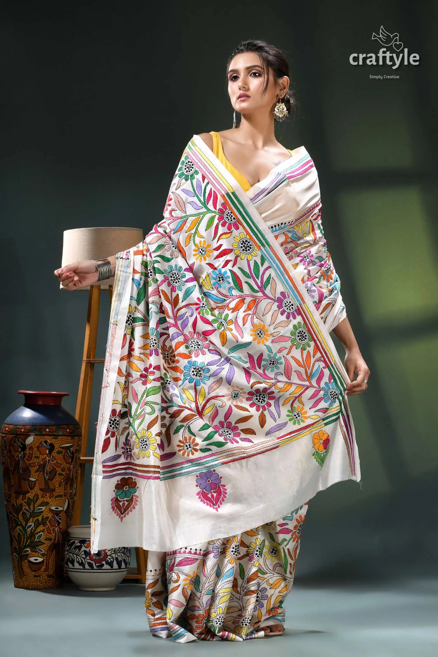 Multicolor thread hand embroidered white silk kantha work saree white colorful embroidered saree floral 5