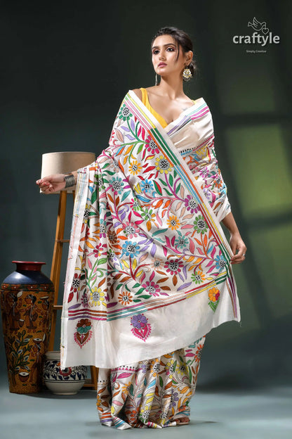Multicolor thread hand embroidered white silk kantha work saree white colorful embroidered saree floral 5