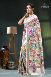 Multicolor thread hand embroidered white silk kantha work saree white saree colorful floral geometric 3