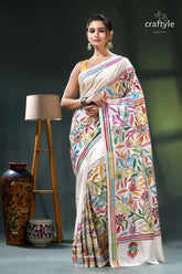 Multicolor thread hand embroidered white silk kantha work saree white saree colorful floral pattern 6