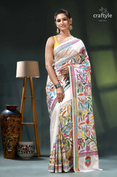 Multicolor thread hand embroidered white silk kantha work saree white colorful floral saree intricate 1