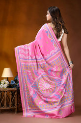 Multicolor thread handcrafted silk gujrati stitch saree in pink vibrant pink saree intricate white 5