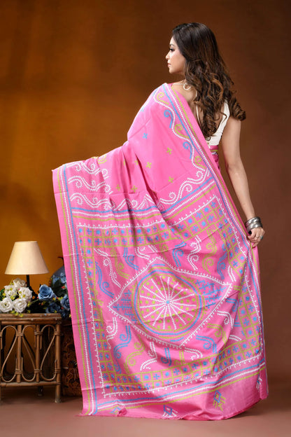 Multicolor thread handcrafted silk gujrati stitch saree in pink vibrant pink saree intricate white 5