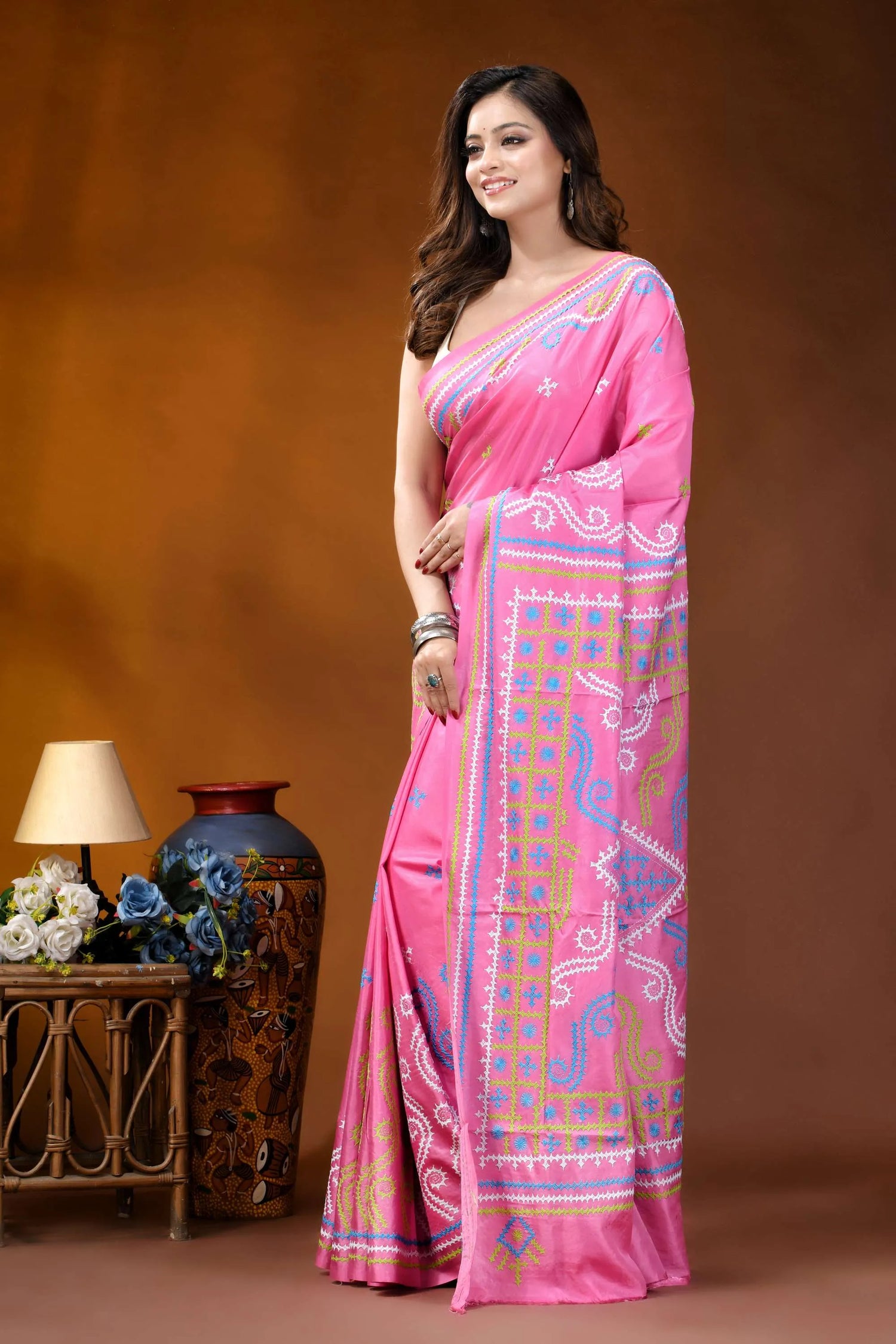 Multicolor thread handcrafted silk gujrati stitch saree in pink vibrant pink saree intricate blue 3