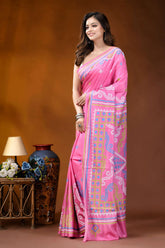 Multicolor thread handcrafted silk gujrati stitch saree in pink vibrant pink saree intricate blue 3