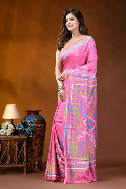Multicolor thread handcrafted silk gujrati stitch saree in pink vibrant pink saree intricate blue 3