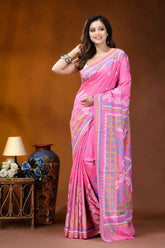 Multicolor thread handcrafted silk gujrati stitch saree in pink vibrant pink saree intricate paisley 6