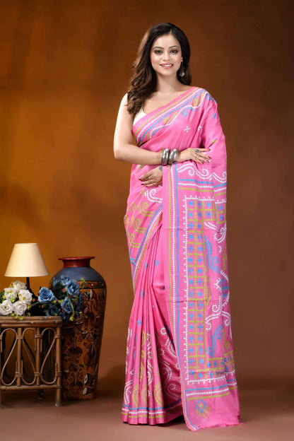 Multicolor thread handcrafted silk gujrati stitch saree in pink vibrant pink saree intricate paisley 1
