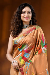 Multicolor thread heron motif hand embroidered silk kantha saree in beige 2