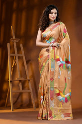 Multicolor thread heron motif hand embroidered silk kantha saree in beige 6