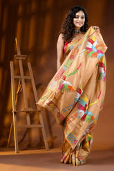 Multicolor thread heron motif hand embroidered silk kantha saree in beige 4