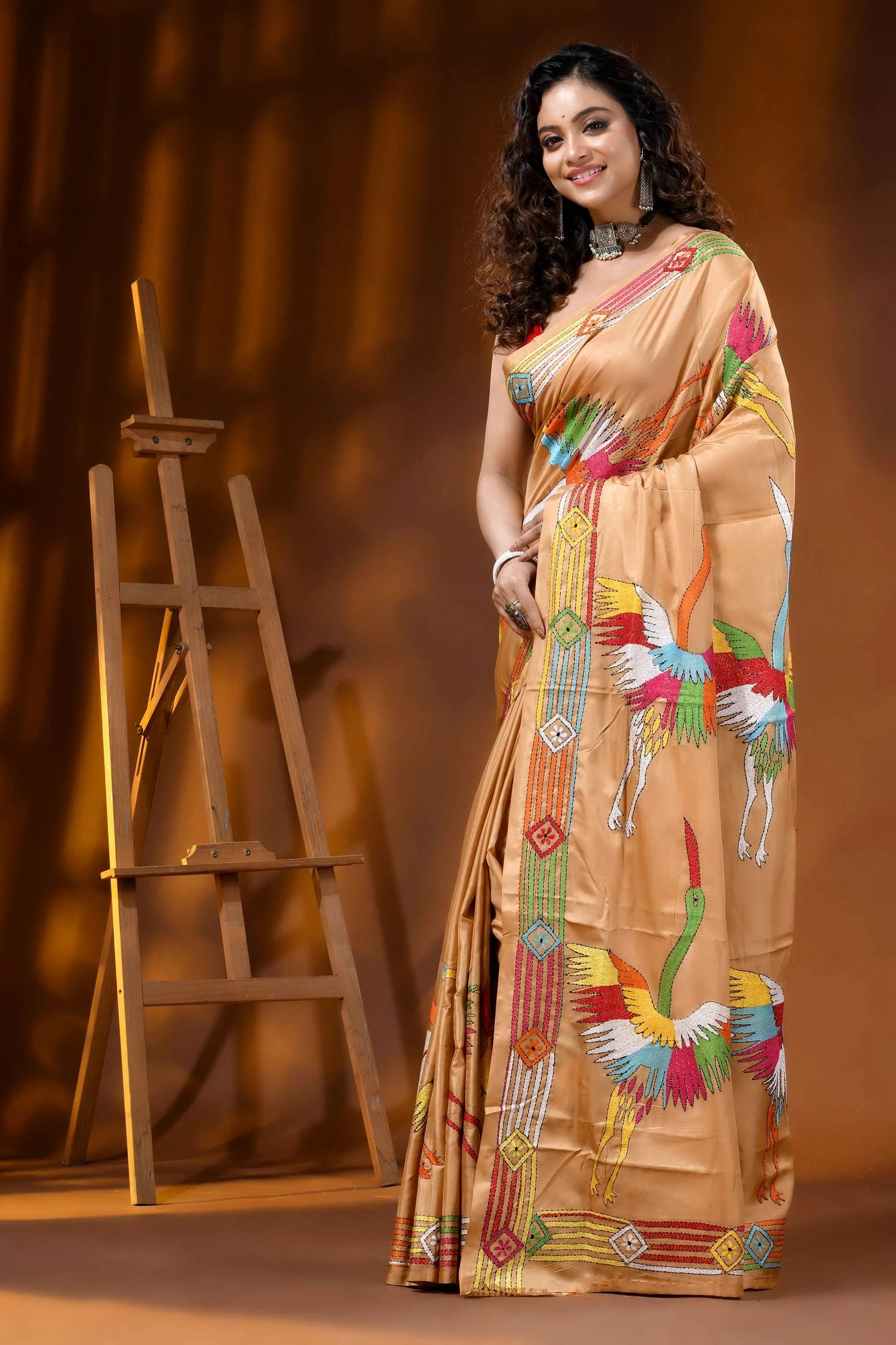 Multicolor thread heron motif hand embroidered silk kantha saree in beige 3