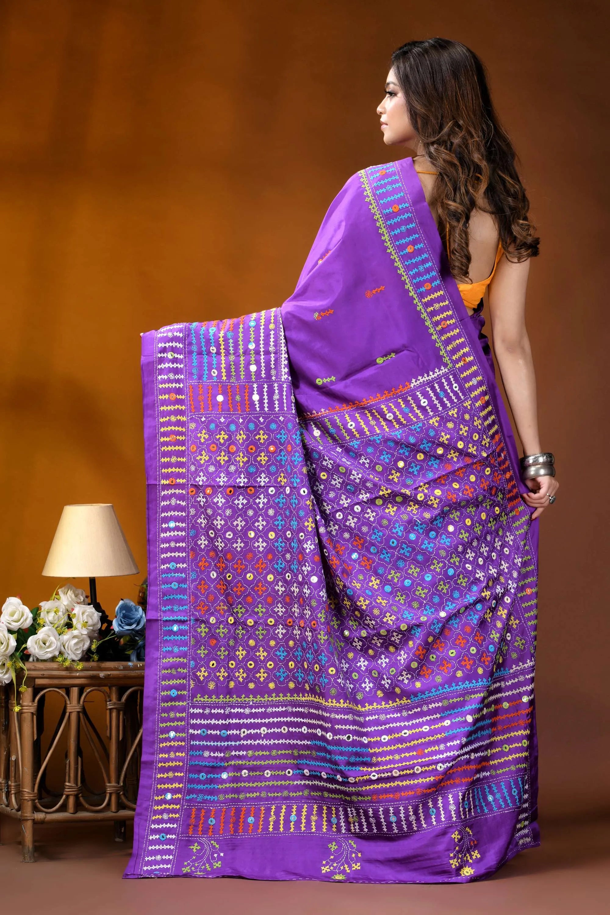 Multicolor thread kutch embroidery purple silk saree with mirror work detail purple silk saree intricate geometric 4