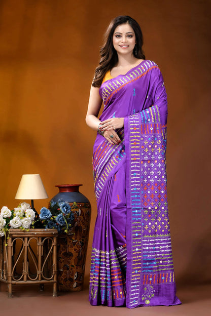 Multicolor thread kutch embroidery purple silk saree with mirror work detail vibrant purple saree adorned intricate 1