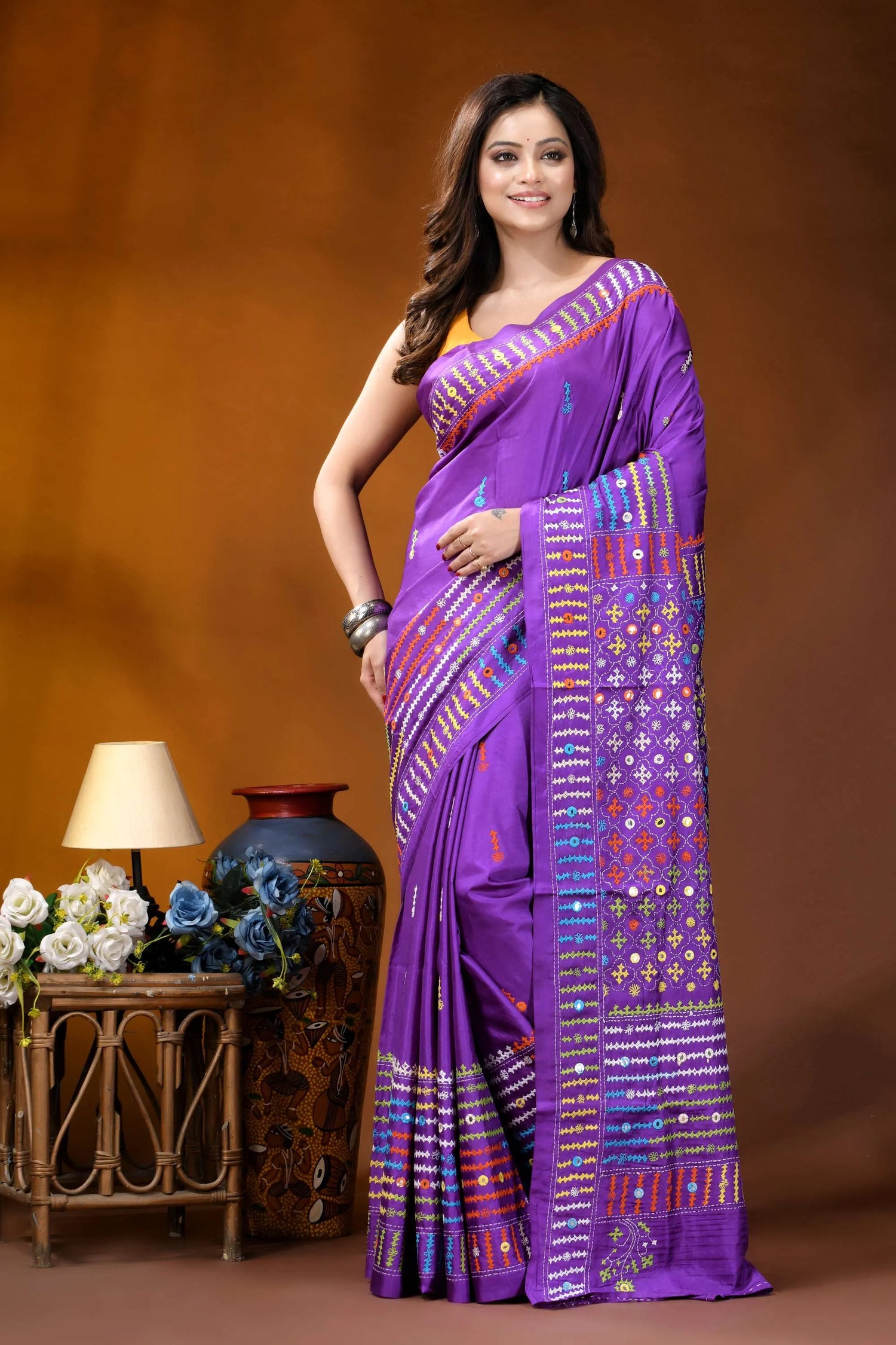 Multicolor thread kutch embroidery purple silk saree with mirror work detail vibrant purple saree intricate embroidery 6