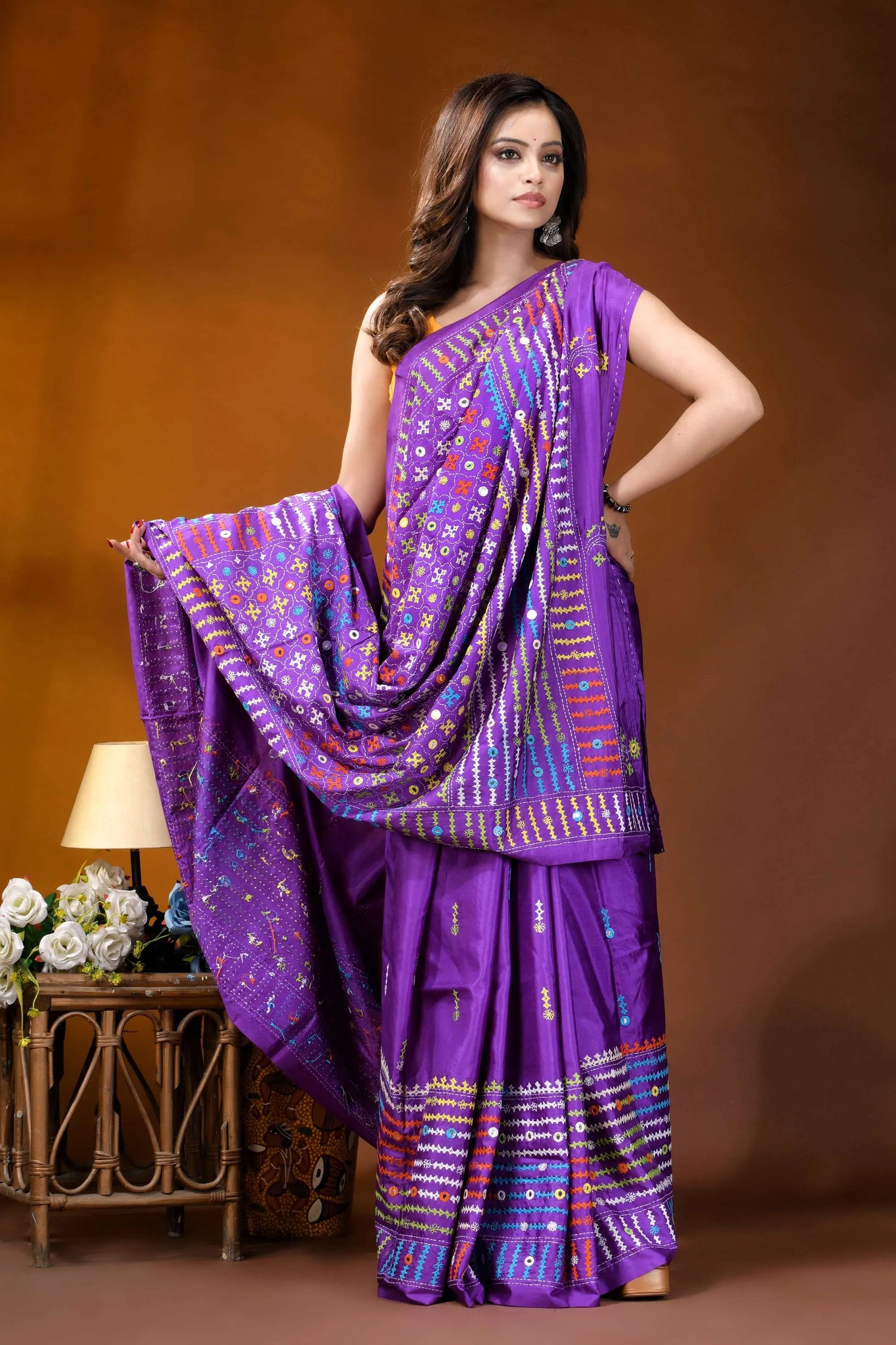 Multicolor thread kutch embroidery purple silk saree with mirror work detail vibrant purple saree intricate embroidered