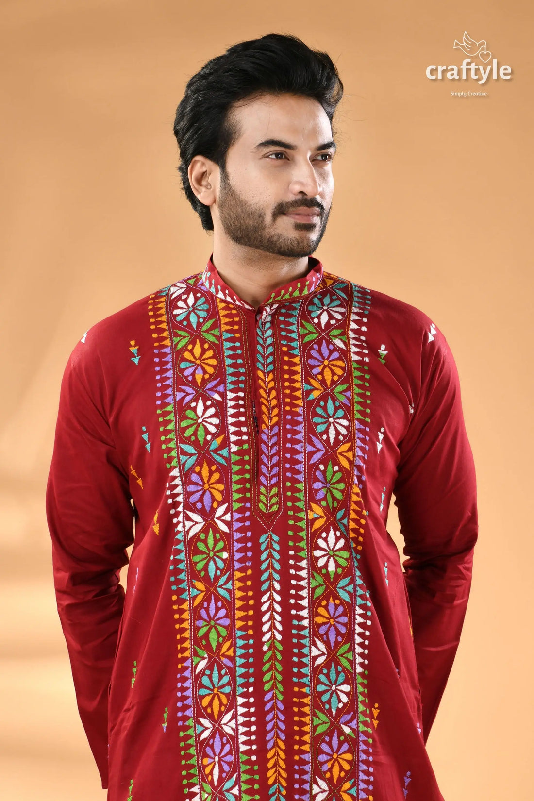 Multicolor thread maroon hand kantha stitched mens kurta men’s maroon long sleeved kurta colorful 2