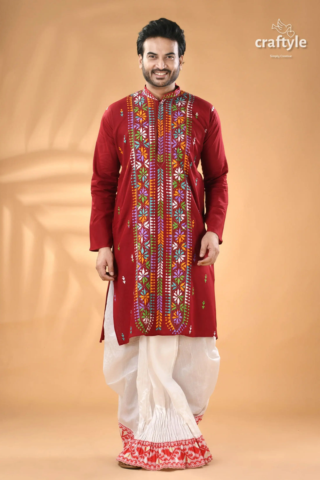 Multicolor thread maroon hand kantha stitched mens kurta maroon cotton kurta colorful kantha 1