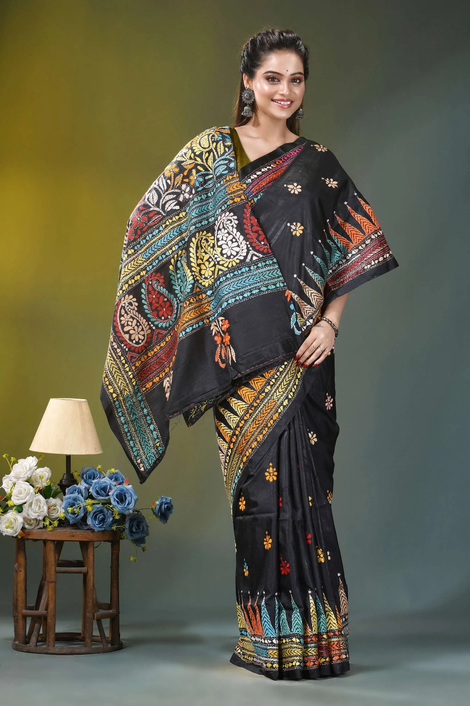 Multicolor thread paisley motif silk kantha saree in black black silk saree vibrant intricate 4