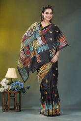 Multicolor thread paisley motif silk kantha saree in black black silk saree vibrant intricate 4