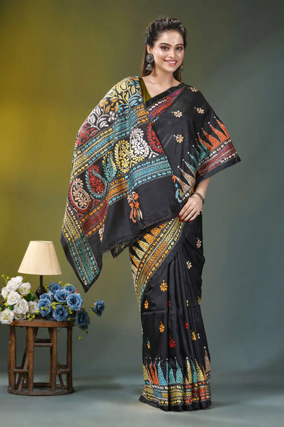 Multicolor thread paisley motif silk kantha saree in black black silk saree vibrant intricate 4