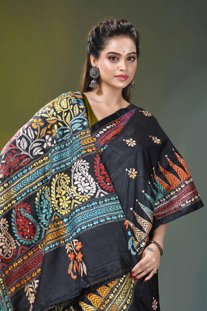 Multicolor thread paisley motif silk kantha saree in black black silk saree vibrant intricate 2