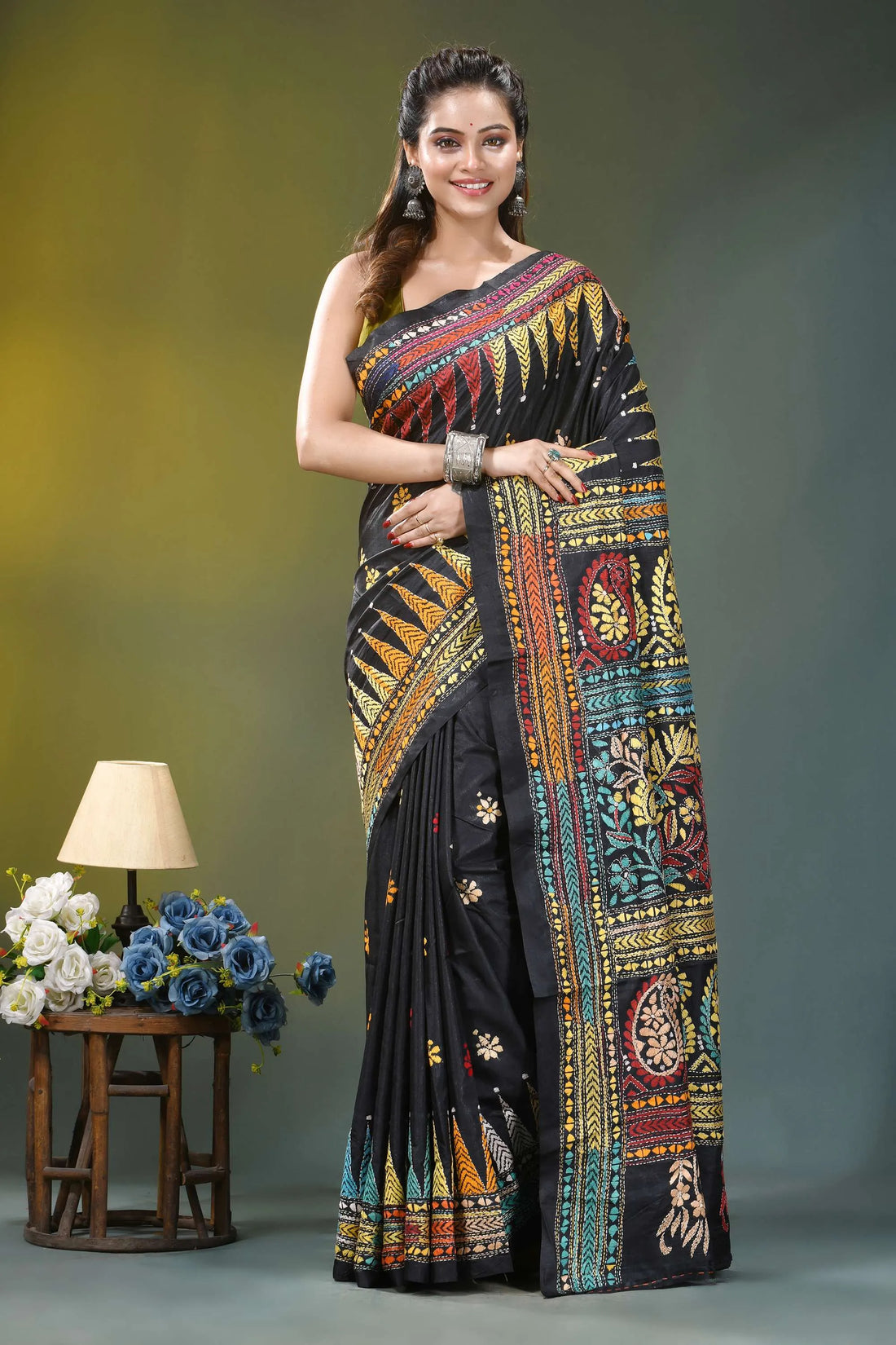 Multicolor thread paisley motif silk kantha saree in black black silk saree intricate multicolored 1