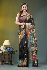 Multicolor thread paisley motif silk kantha saree in black black silk saree intricate multicolored 1