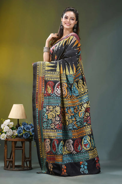 Multicolor thread paisley motif silk kantha saree in black black silk saree vibrant intricate 3
