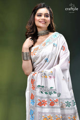 Multicolor thread white floral exquisite kantha silk saree white saree colorful floral embroidery 2