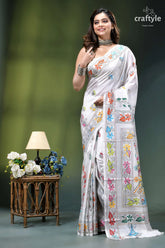 Multicolor thread white floral exquisite kantha silk saree white embroidered saree colorful floral 6