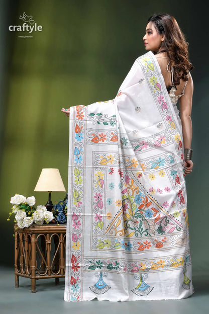 Multicolor thread white floral exquisite kantha silk saree white hand-painted saree vibrant floral 5