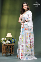 Multicolor thread white floral exquisite kantha silk saree white embroidered saree colorful floral 3