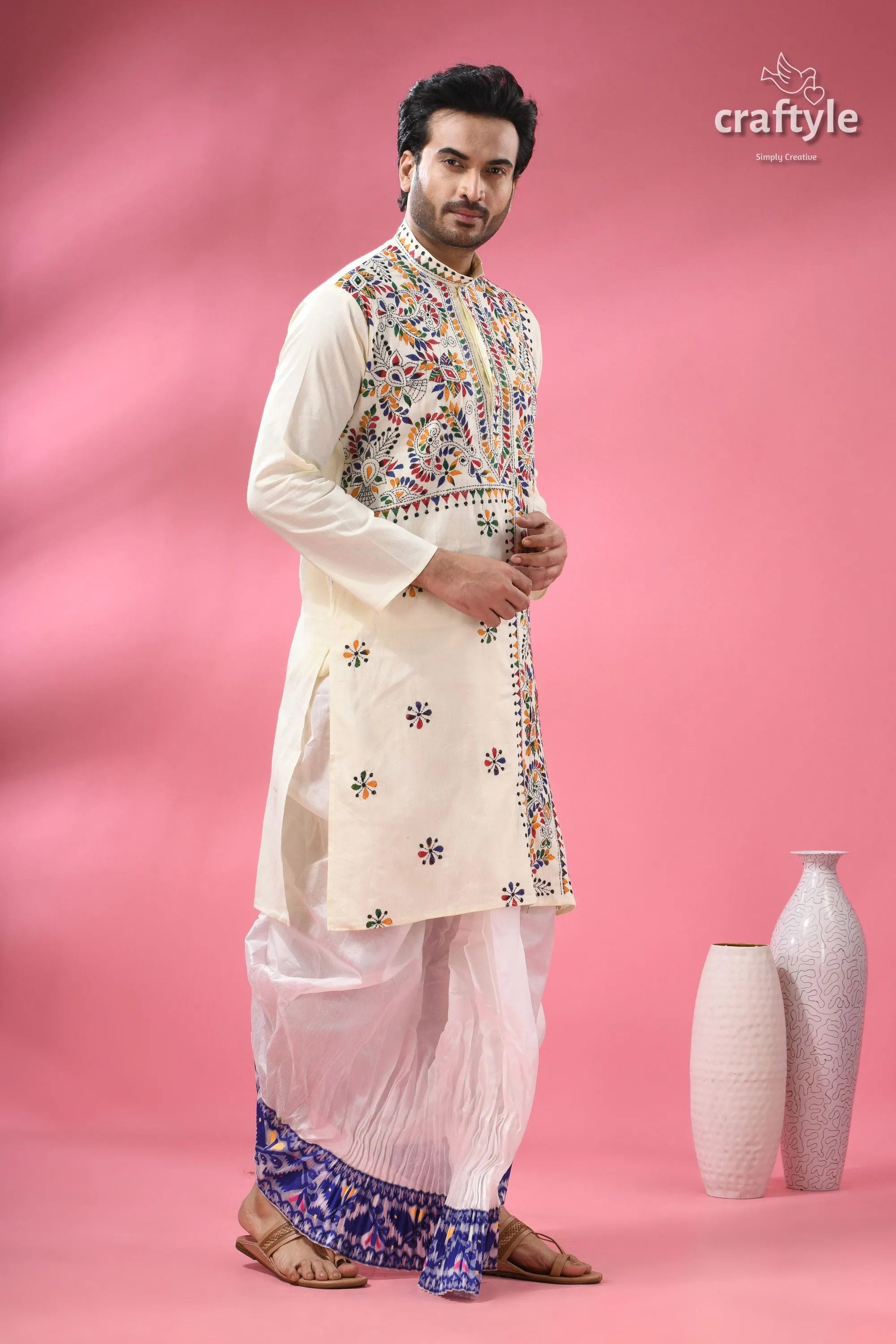 Multicolor thread white kantha embroidery cotton kurta for men 5