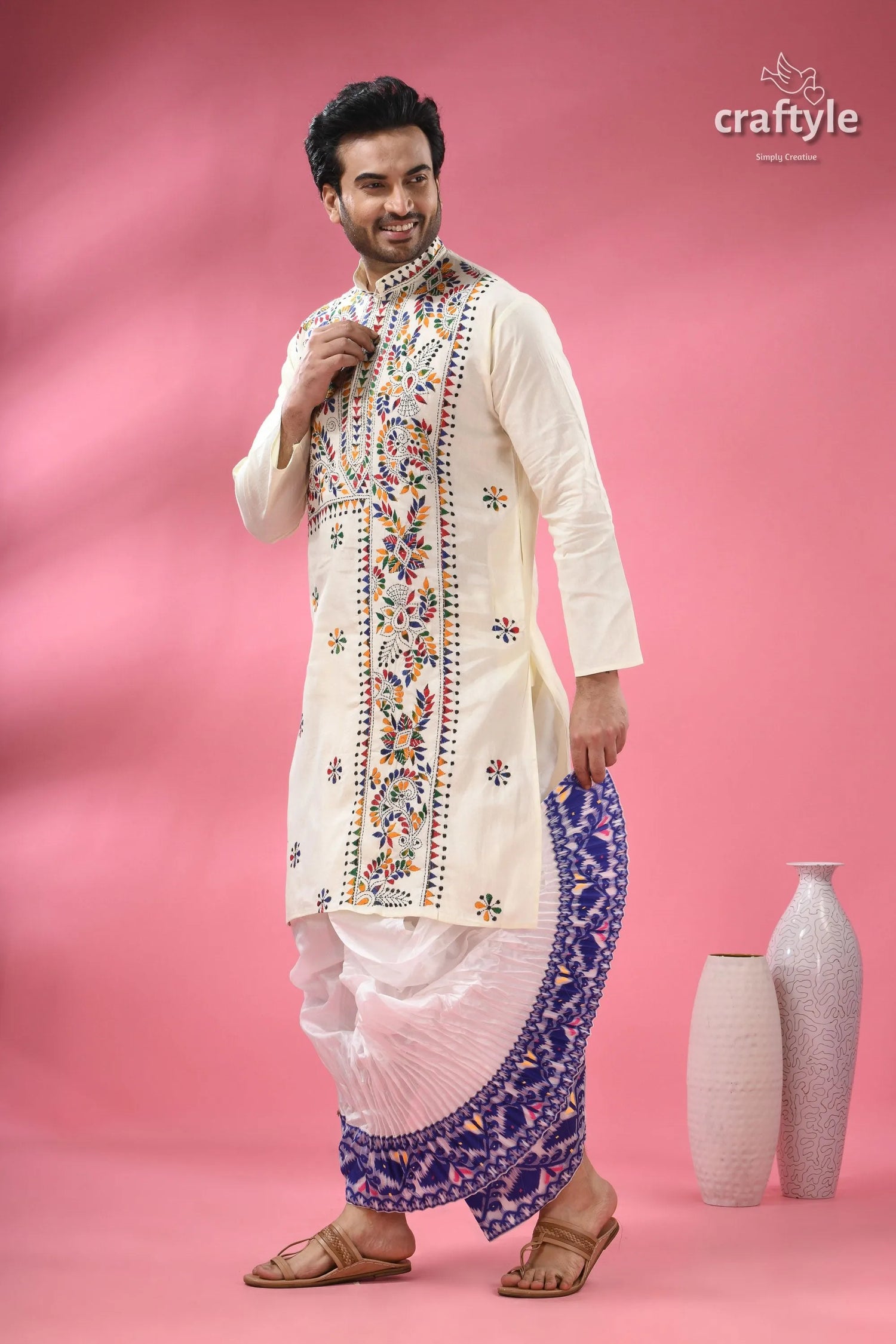 Multicolor thread white kantha embroidery cotton kurta for men 6
