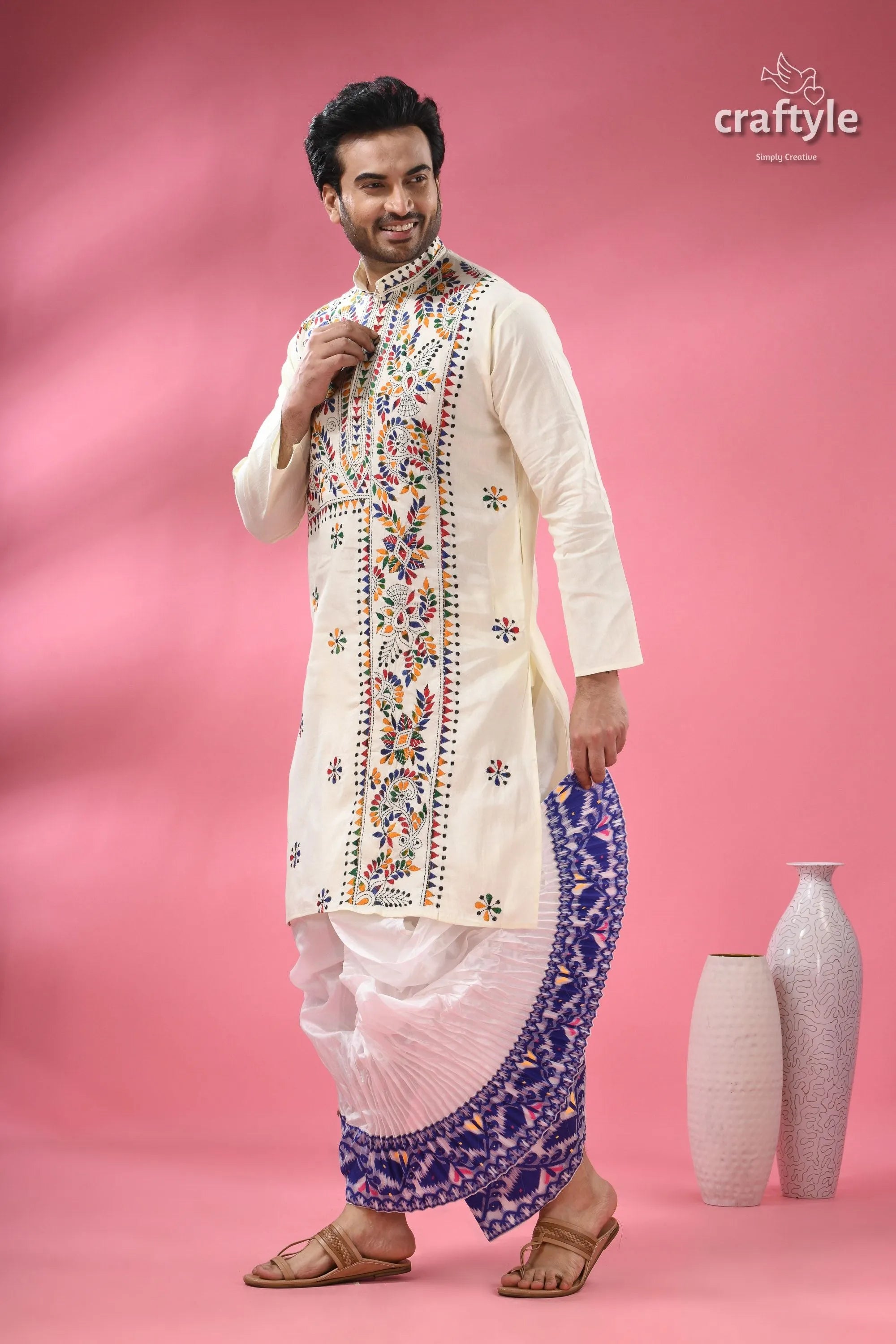 Multicolor thread white kantha embroidery cotton kurta for men 6