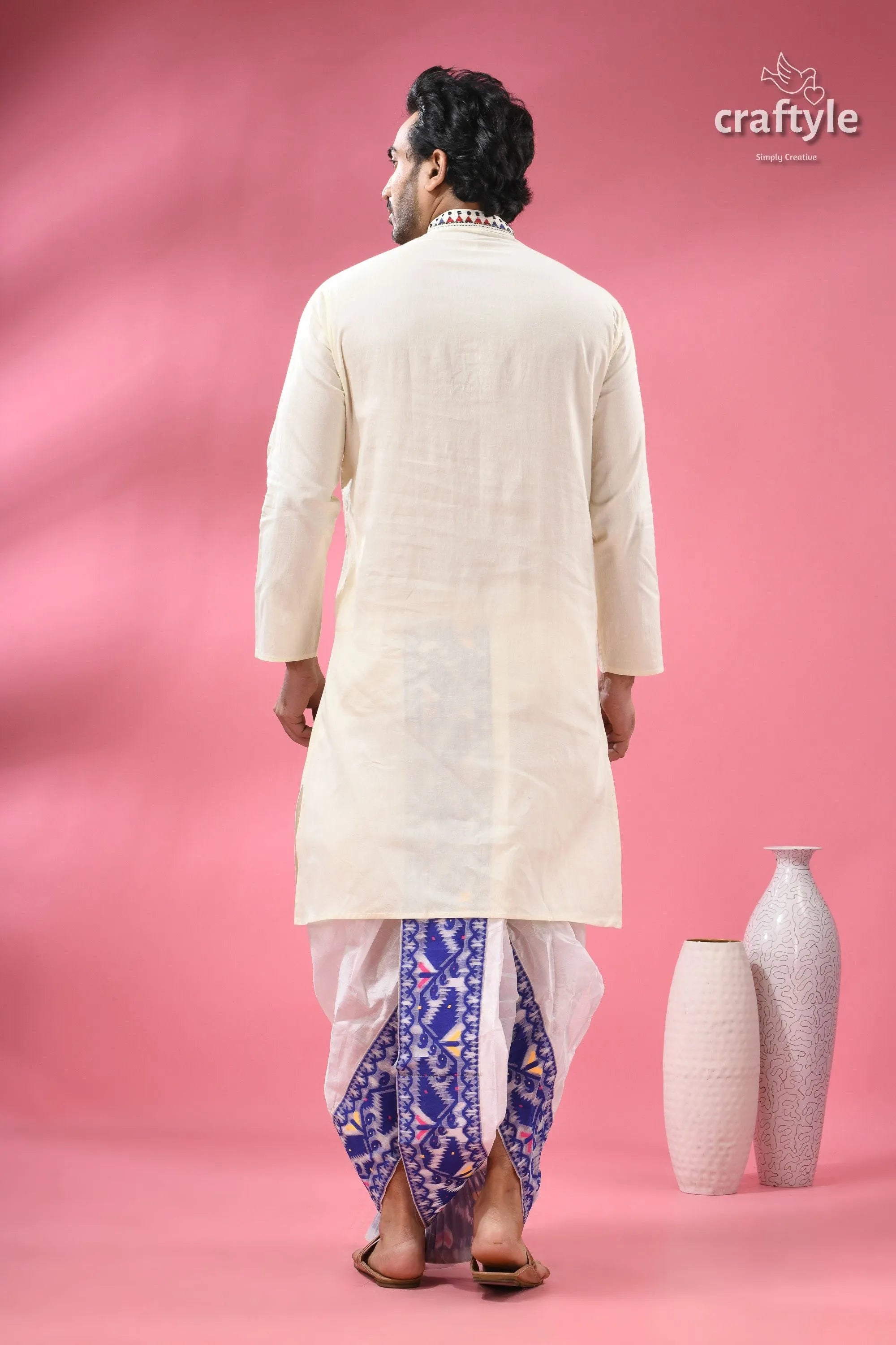 Multicolor thread white kantha embroidery cotton kurta for men 7