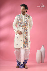 Multicolor thread white kantha embroidery cotton kurta for men 4