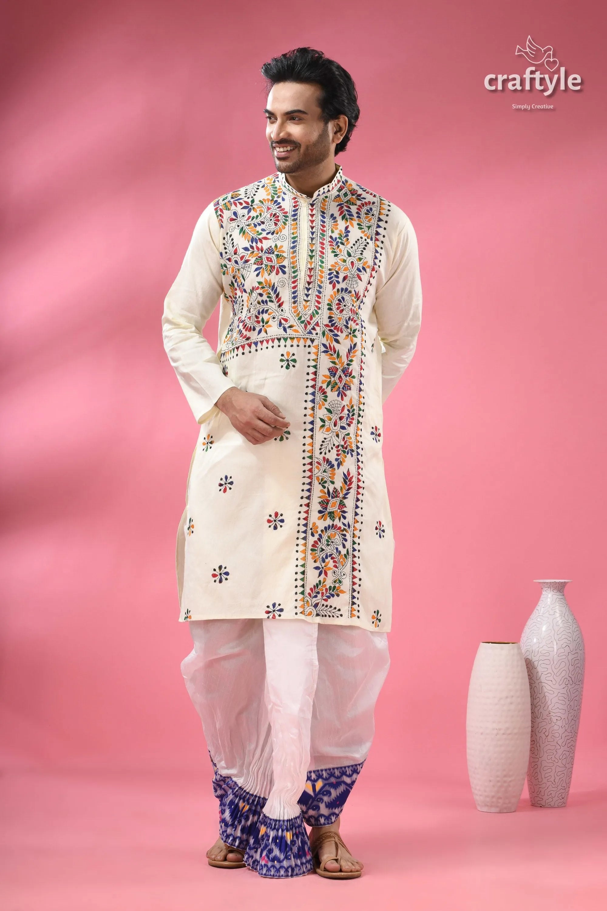 Multicolor thread white kantha embroidery cotton kurta for men 4