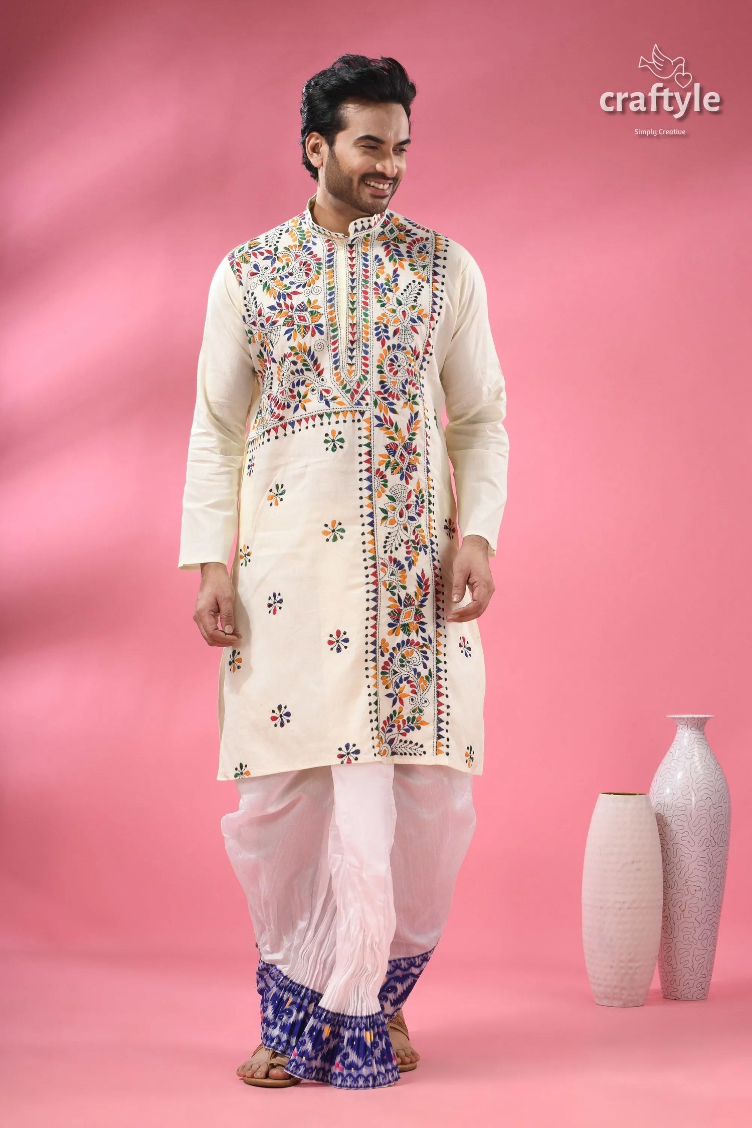 Multicolor thread white kantha embroidery cotton kurta for men 3