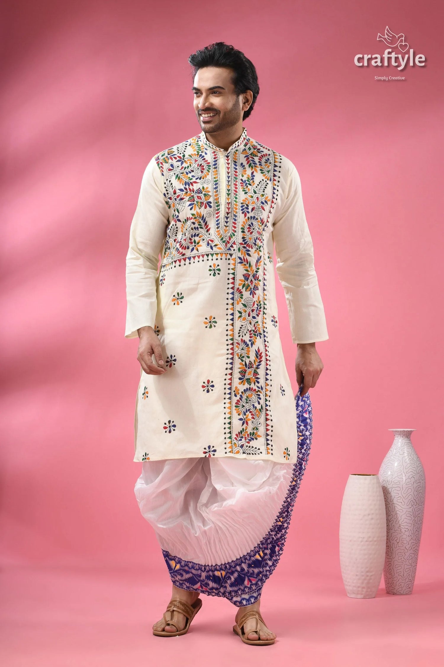 Multicolor thread white kantha embroidery cotton kurta for men 1