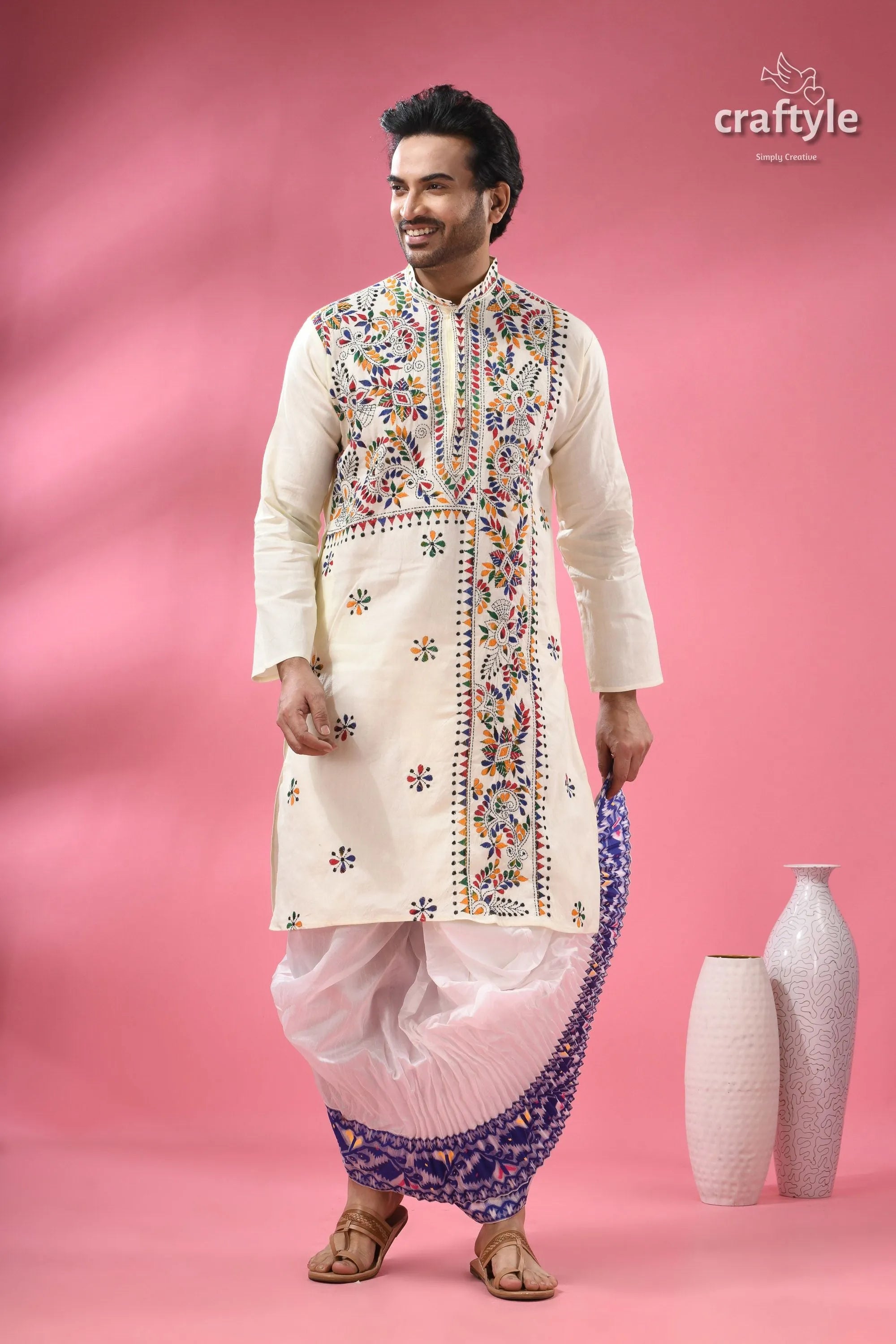Multicolor thread white kantha embroidery cotton kurta for men 1