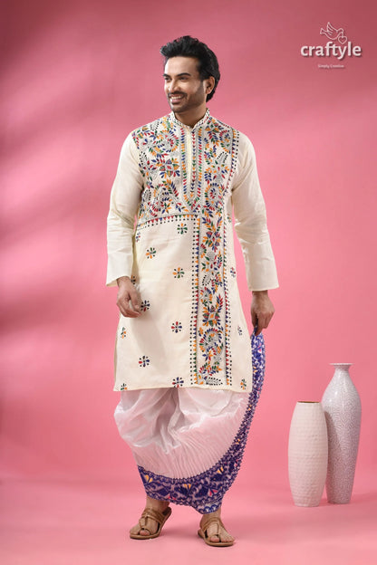 Multicolor thread white kantha embroidery cotton kurta for men 1