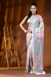Multicolor thread white silk kutch embroidery saree with mirror work 1