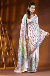 Multicolor thread white silk kutch embroidery saree with mirror work 4
