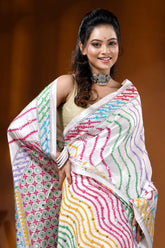 Multicolor thread white silk kutch embroidery saree with mirror work 2