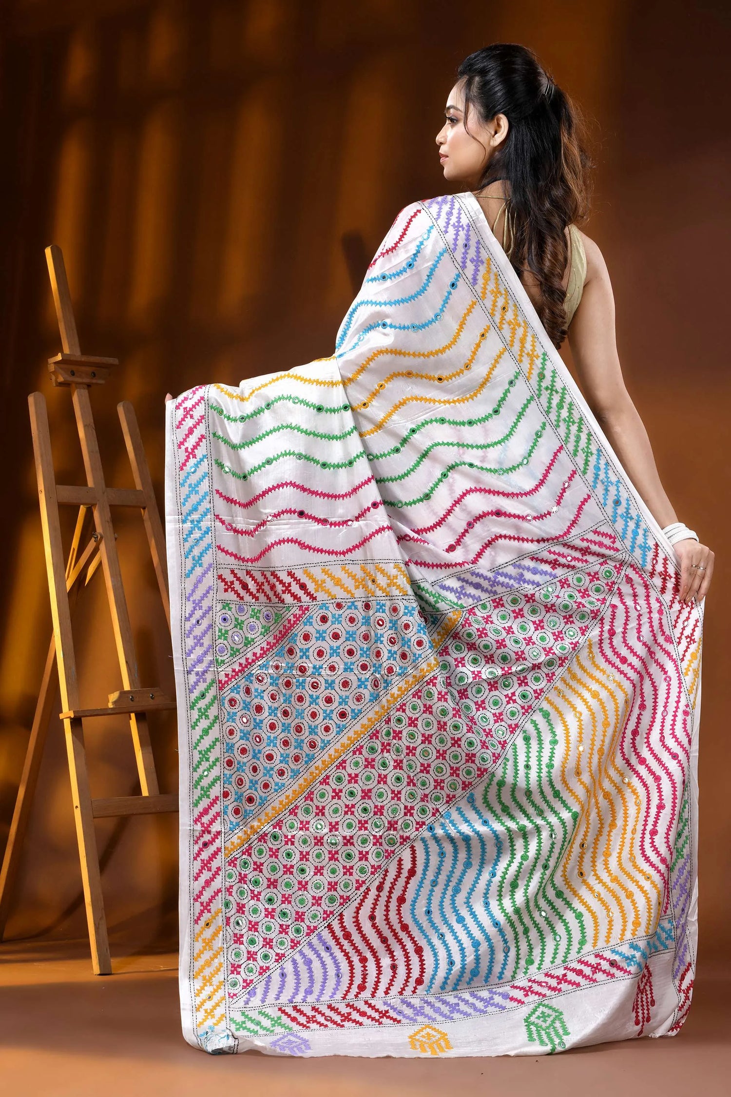 Multicolor thread white silk kutch embroidery saree with mirror work 5