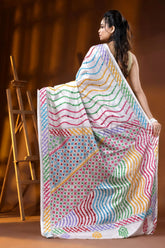 Multicolor thread white silk kutch embroidery saree with mirror work 5