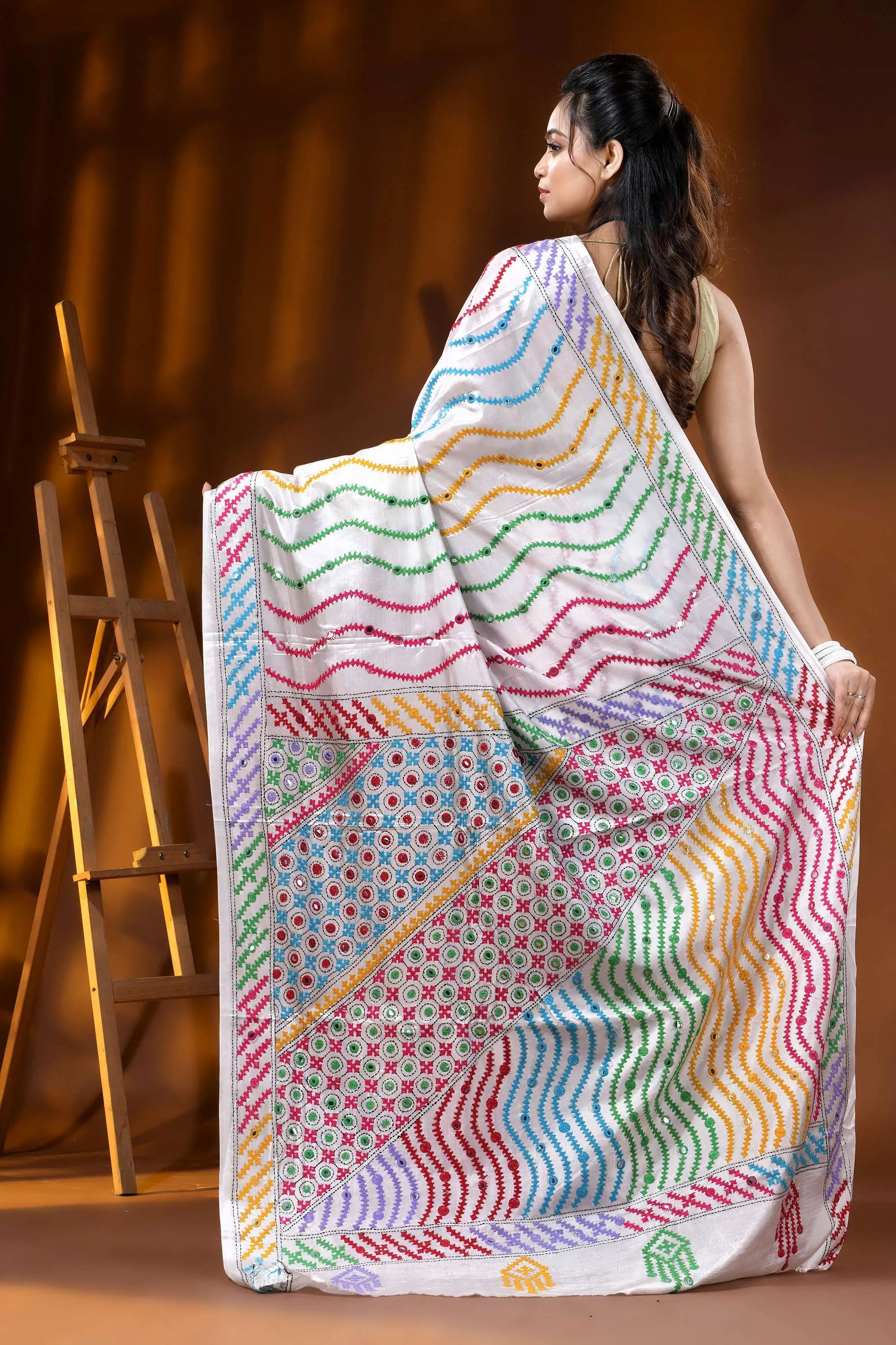 Multicolor thread white silk kutch embroidery saree with mirror work 5